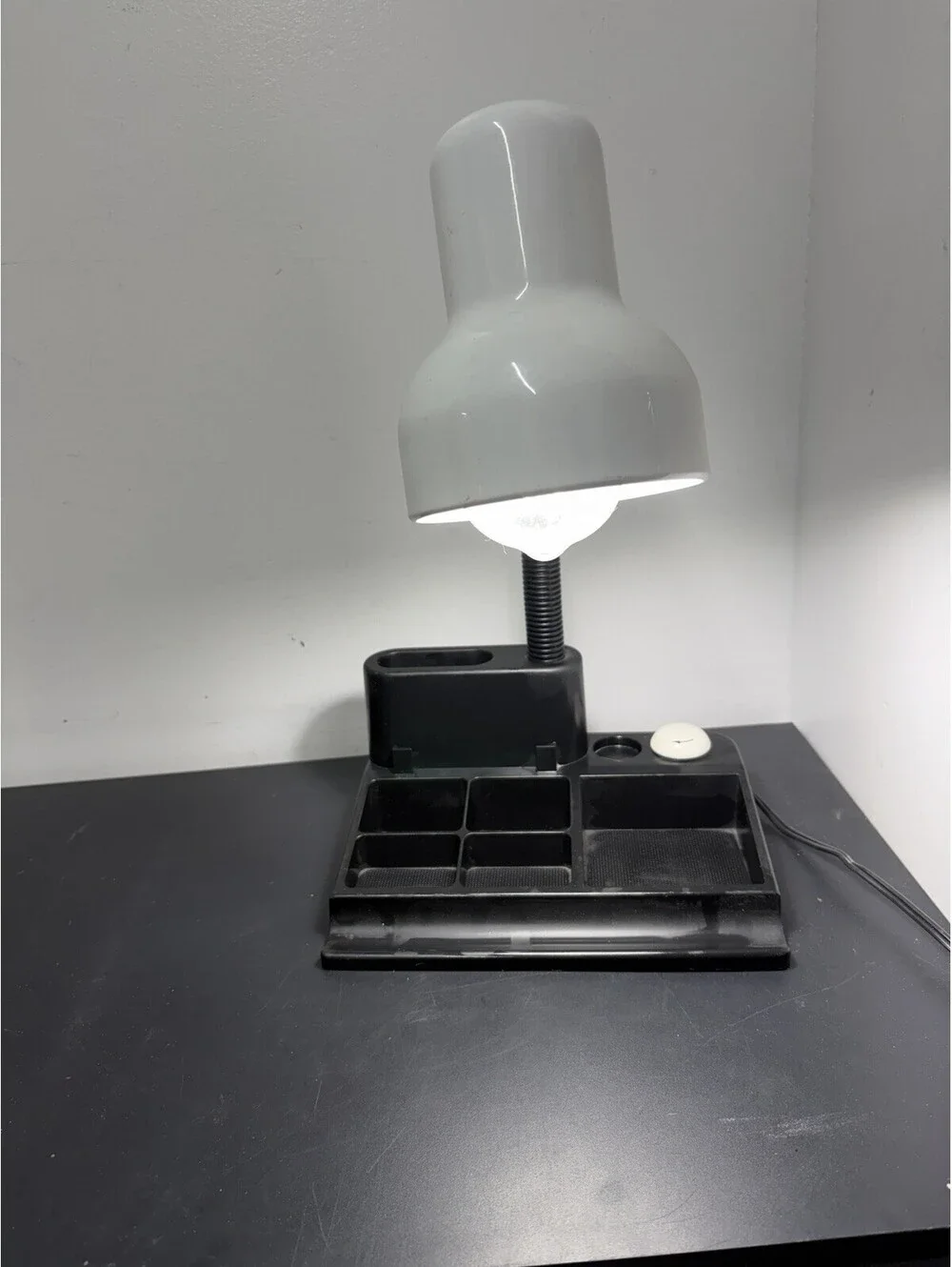 Vintage 80s White Gooseneck Office Desk Lamp With Black Plastic Organizer Base